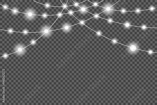 Fototapeta Garlands decorations. Colorful glow light lamp on wire strings isolated transparent background. Christmas lights isolated realistic design elements. Christmas glowing garland.