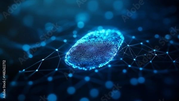 Fototapeta Digital representation of a fingerprint surrounded by a network of blue connections at night