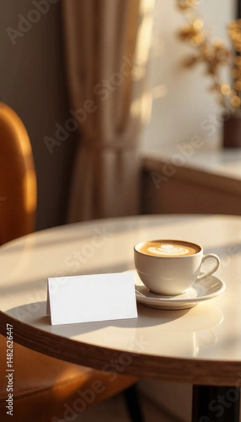 Fototapeta Blank card with latte art coffee, in a cafe setting, with copy space