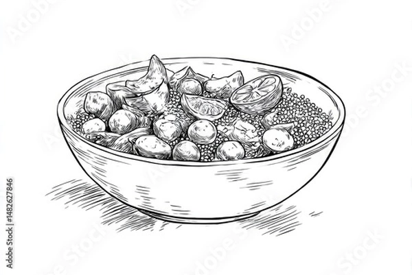 Obraz Delicious Bowl Line Art of Healthy Quinoa with Fruits, and and Vegetables.
