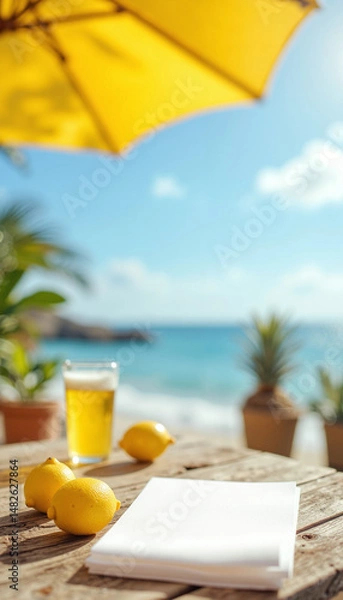 Fototapeta Beach bar table setting with beer and lemons, with copy space
