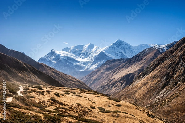 Obraz Thorung Khola gorge in autumn. Trekking route from Manang to Thorong La against snowy and high Gangapurna and Annapurna III peaks. Himalaya mountains, Nepal.