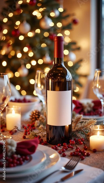Fototapeta Red wine bottle on Christmas table setting, with copy space