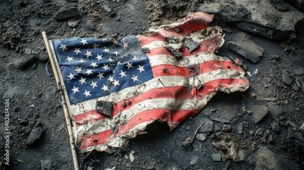 Fototapeta Torn and damaged american flag laying on destroyed ground