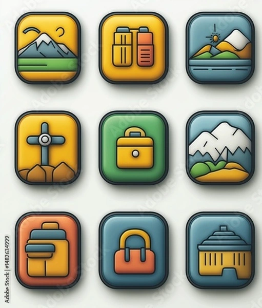 Fototapeta Colorful outdoor activity icons depicting adventure and nature themes in a grid layout