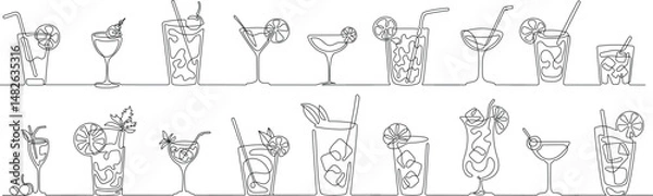 Obraz Alcohol drinks in continuous one line drawing . Alcoholic beverages glasses, shots of strongest liquors and chill whiskey, from classic cocktails to craft beer, isolated vector illustration set