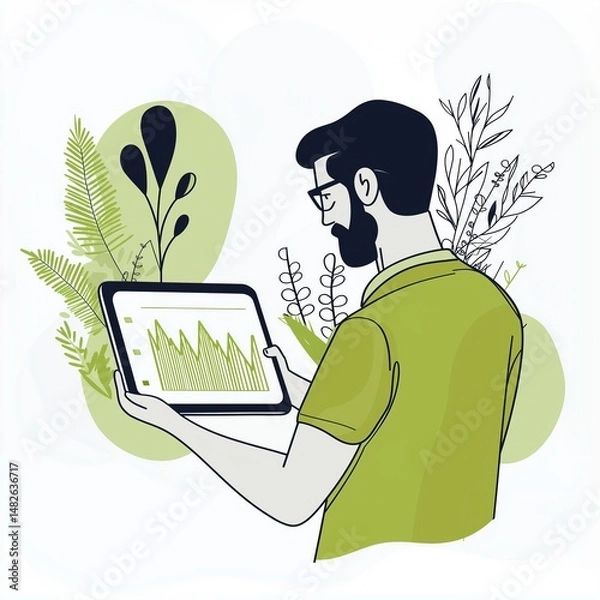 Fototapeta Man analyzing data on tablet surrounded by plants in a minimalistic workspace