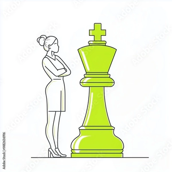 Fototapeta Woman stands confidently beside a large green chess king in a minimalistic design