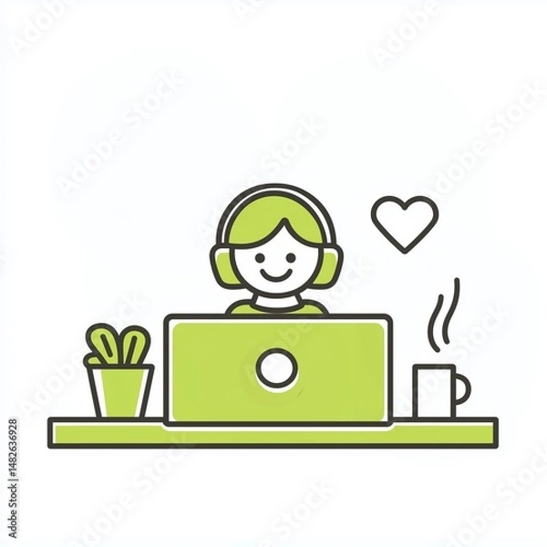 Fototapeta Person enjoying work at a desk with headphones, a plant, and a coffee cup