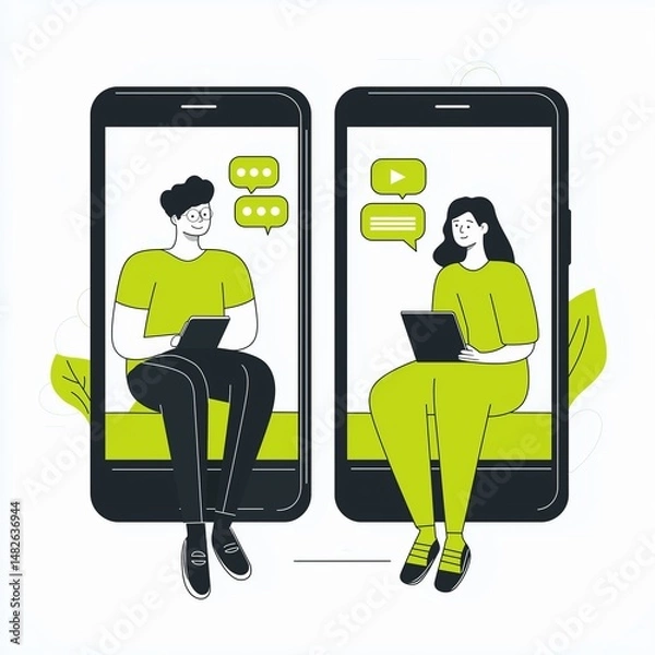 Fototapeta Interactive digital communication between two users on smartphones during daytime
