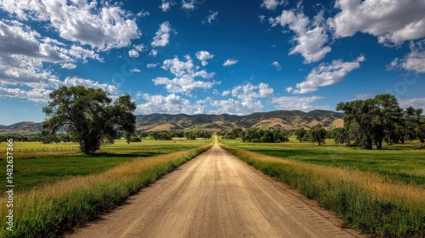 Fototapeta Dusty road leads through green fields and mountains under a blue sky with fluffy clouds during midday light