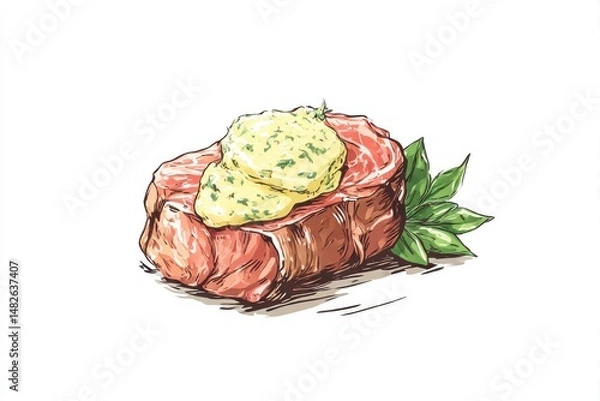 Obraz Steak with Herb Butter Savory with Sketch Style Delight, and Culinary Art.