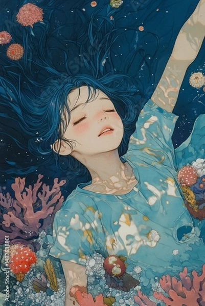 Fototapeta Girl submerged in vibrant underwater world surrounded by coral and marine life during daytime
