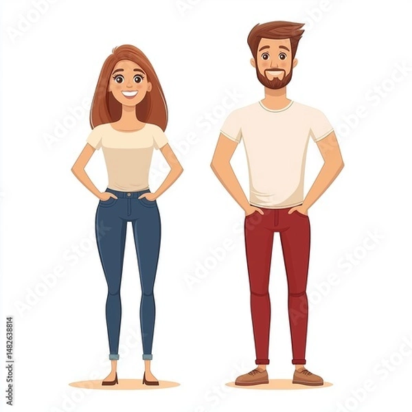 Fototapeta Couple in casual attire standing happily together in a simple, colorful setting
