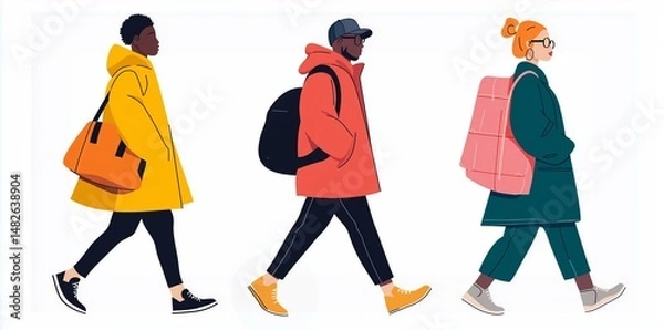Fototapeta Group of diverse individuals walking casually in modern attire during daytime outdoor setting