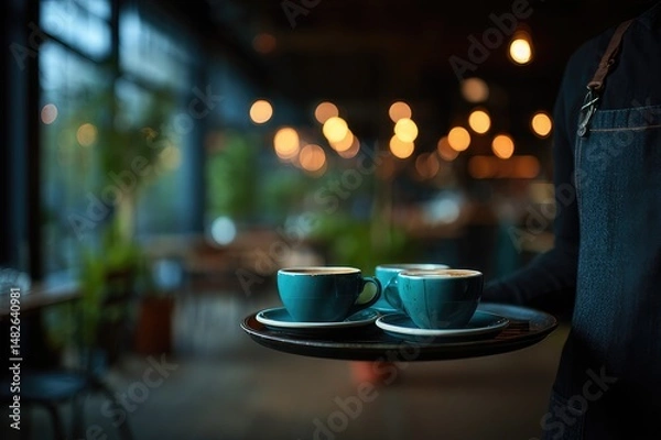 Obraz waiter carrying tray with coffee cups