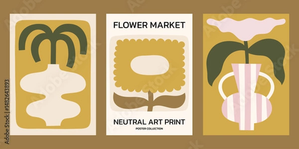 Fototapeta Neutral colors floral vector posters set. Minimalist print designs with flowers and plants in vase, flower market