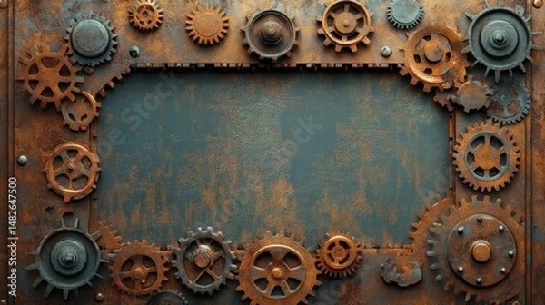 Fototapeta A detailed rusty metal steampunk frame with gears and industrial elements, perfect for a grunge background