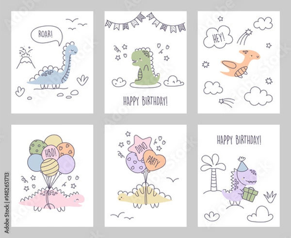 Fototapeta Set of birthday greeting cards with dinosaurs. Collection of greeting posters with animals, balloons and lettering. Dino party for kids. Children's posters with dinosaurs in scandinavian style. Doodle