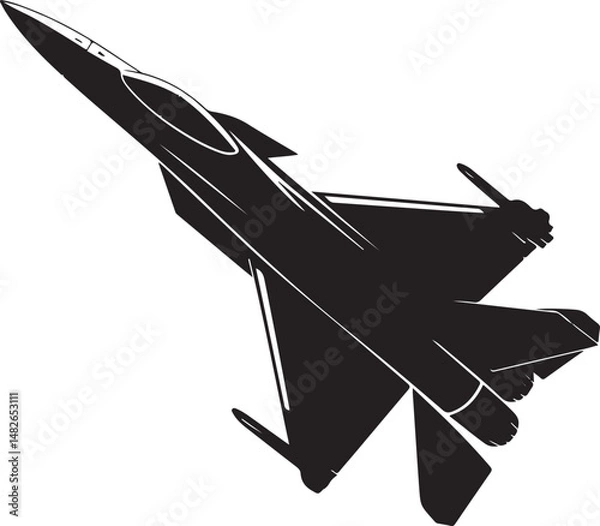 Fototapeta Silhouette illustration of modern fighter jet aircraft flying in angled upward direction with clean aerodynamic design