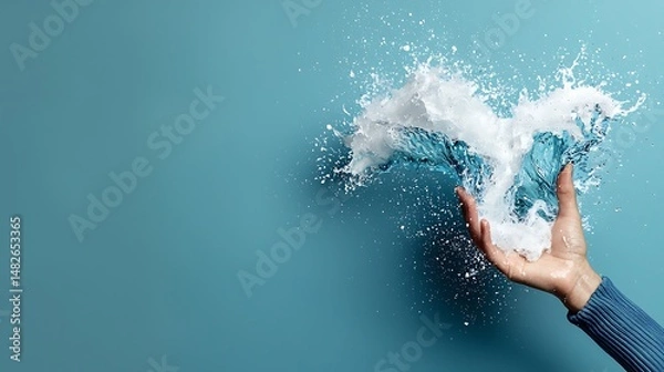 Fototapeta Stylized Ocean Waves in Soft Blue and White, Hand Holding a Splash