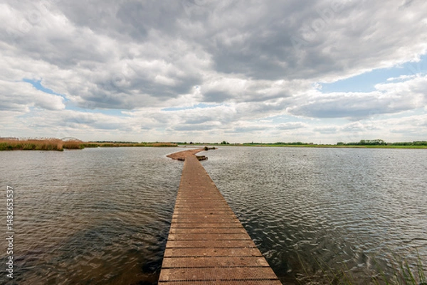 Fototapeta Wooden decking path over the water. The planks are covered with mesh to prevent slipping. The path is made in a flooded polder on a wide river with tidal differences.