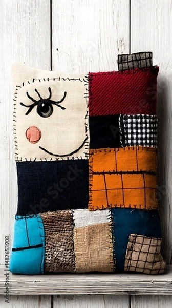 Fototapeta Whimsical Patchwork Pillow with Smiling Face
