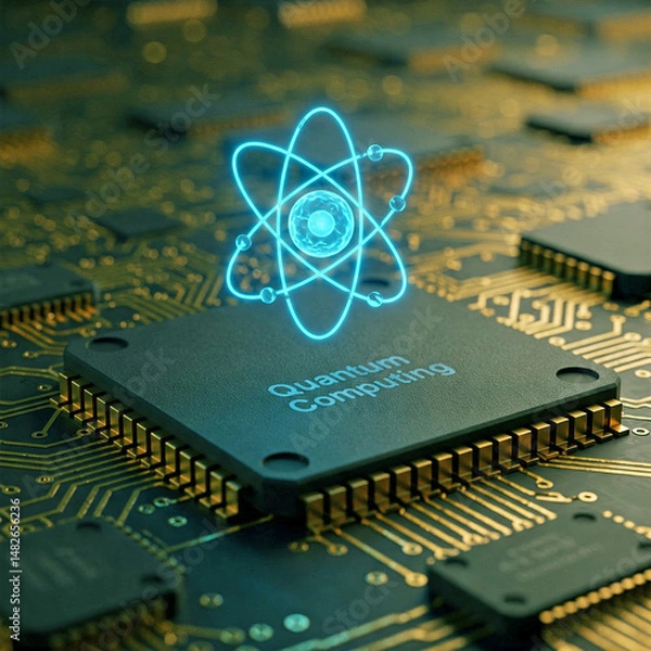 Fototapeta A quantum computing chip with an illuminated atom on top as a new technology concept