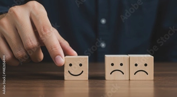 Fototapeta Hand choosing a happy face wooden block over sad face blocks on wooden table