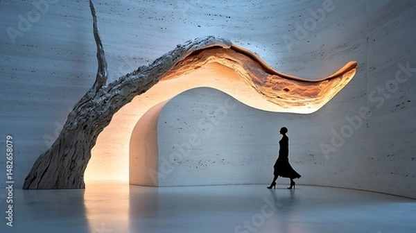 Fototapeta Woman Walking Through Modern Art Gallery with Abstract Bronze Sculpture and Warm Lighting