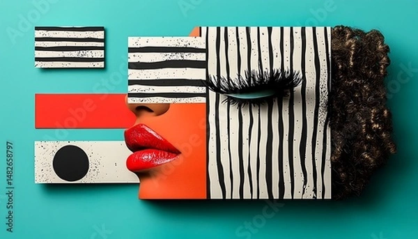 Fototapeta Abstract Collage of a Woman's Face with Geometric Shapes and Patterns