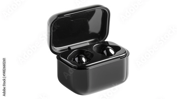 Fototapeta Two earbuds in a round charging case, lid open, two small earbuds, and charging port in round case with lid open, stylish round case for wireless earbuds, on a transparent backgrounds