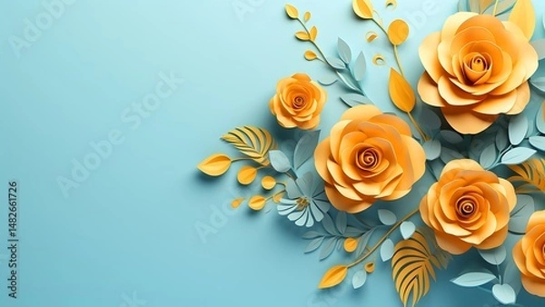 Obraz Elegant floral composition featuring paper roses and leaves on a light blue background