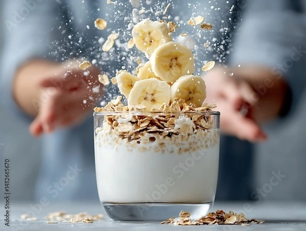 Fototapeta Banana Slices Falling into Oatmeal Yogurt Bowl