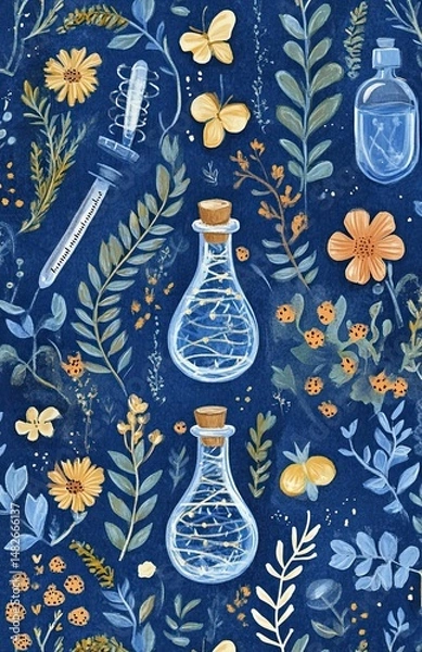 Fototapeta A blue background with DNA strands and a quaint scientific style