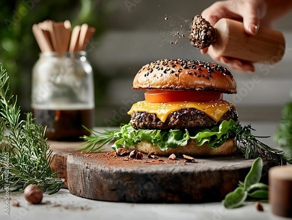 Fototapeta Classic Cheeseburger with Melted Cheese and Sesame Seed Bun on Rustic Wooden Board