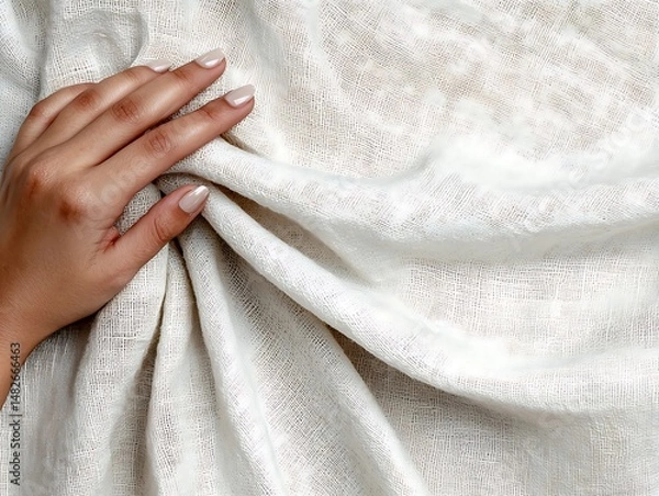Fototapeta Close-Up of a Hand on Draped White Fabric with Subtle Texture