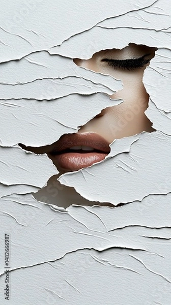 Fototapeta Closeup Portrait of Woman's Face Emerging from Cracked White Wall