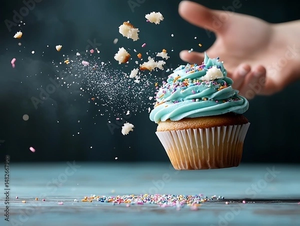 Fototapeta Flying Cupcake with Exploding Sprinkles and Blue Frosting