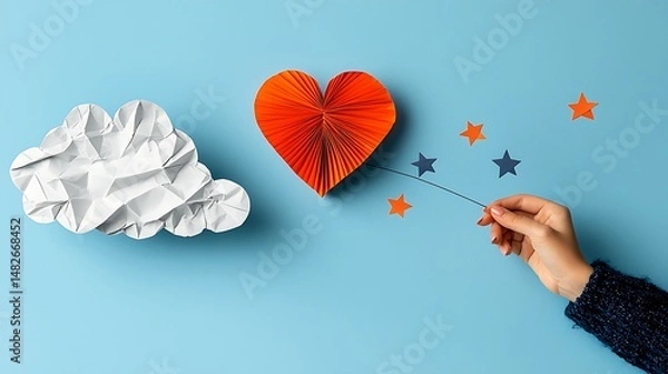 Fototapeta Hand Connecting Paper Heart and Stars on Blue Background