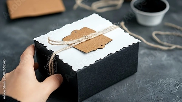 Fototapeta Hand Holding a Black Gift Box with Kraft Paper Tag and Twine