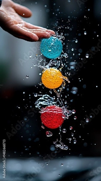 Fototapeta Hand Holding Colorful Bubbles Against Dark Background