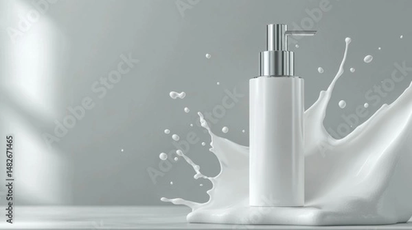 Fototapeta A modern, blurred background with milk cosmetics, including a white bottle with a silver pump and a milk splash, isolated on gray. This mock-up is designed as a promotional poster for milk cosmetics