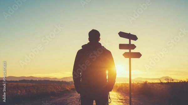 Fototapeta Student facing a path with signs pointing to new challenges and comfort zone