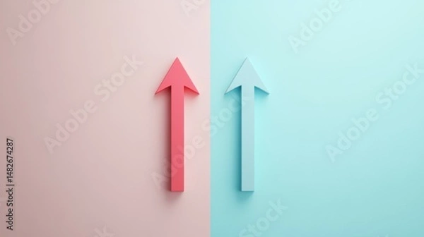 Fototapeta A clean 3D rendering of two arrows, one up and one down, symbolizing opposing choices, placed neatly on a smooth, pastel-colored surface