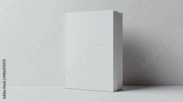 Fototapeta An isolated 3D magazine mockup standing vertically with a white blank cover on a white background. A closed paperback book, catalog, or magazine mockup with a diminishing perspective.