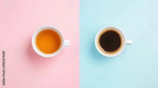 Fototapeta Image split on two. On one side on pastel pink background there is a cup of tea . On another side on pastel blue background is a coffee cup.
