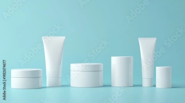 Fototapeta Group of white and blank, unbranded cosmetic cream jars and tubes on blue background. Skin care product presentation. Elegant mockup. Skincare, beauty and spa. Jar, tube with copy space. 3D rendering.