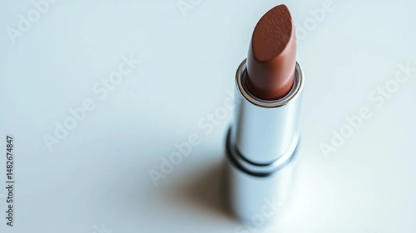 Fototapeta Mocha mousse lipstick in a silver case on a white background. The color of the year 2025. Copy space.