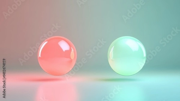 Fototapeta Two glowing 3D spheres, one red and one green, representing opposing choices like accept and decline, floating above a minimal pastel-colored surface with soft lighting